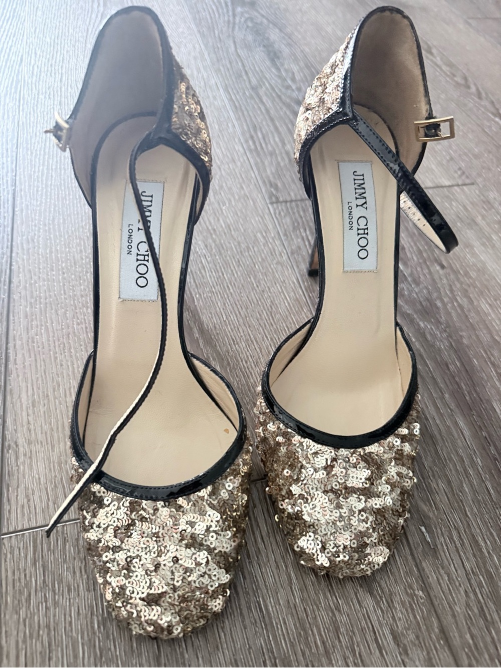 Jimmy Choo Gold Sequin Ankle-Strap Heels